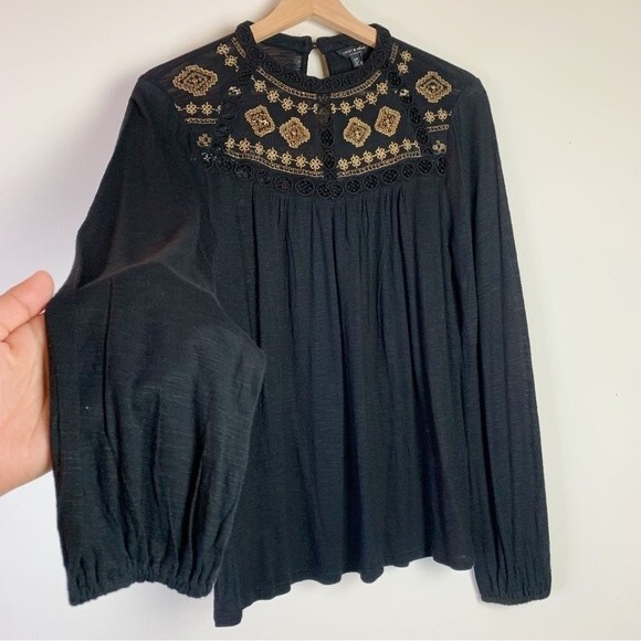 Lucky Brand Black Gold Embroidered Long Sleeve Blouse Size S Women - Picture 7 of 11